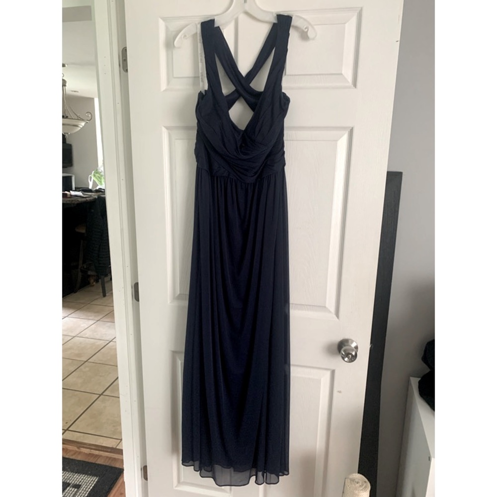 David’s Bridal long bridesmaid dress with crisscross back straps in Marine